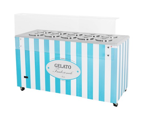 Dystrybutor do lodów | witryna do lodów | konserwator | retro | 10 tub | okrągłe kuwety | 1503x670x895 mm | GELATO POZETTI 10 BLUE – numer katalogowy RQ: GELATO POZETTI 10 BLUE