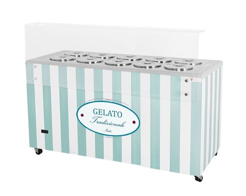 Dystrybutor do lodów | witryna do lodów | konserwator | retro | 10 tub | okrągłe kuwety | 1503x670x895 mm | GELATO POZETTI 10 PASTEL BLUE – numer katalogowy RQ: GELATO POZETTI 10 PASTEL BLUE