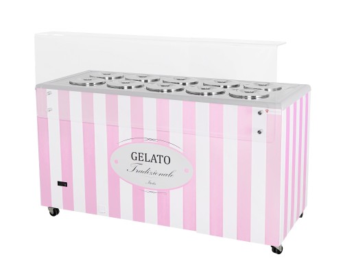 Dystrybutor do lodów | witryna do lodów | konserwator | retro | 10 tub | okrągłe kuwety | 1503x670x895 mm | GELATO POZETTI 10 PINK – numer katalogowy RQ: GELATO POZETTI 10 PINK