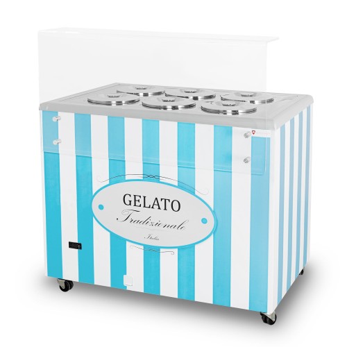 Dystrybutor do lodów | witryna do lodów | konserwator | retro | 6 tub | okrągłe kuwety | 1063x670x895 mm | GELATO POZETTI 6 BLUE – numer katalogowy RQ: GELATO POZETTI 6 BLUE