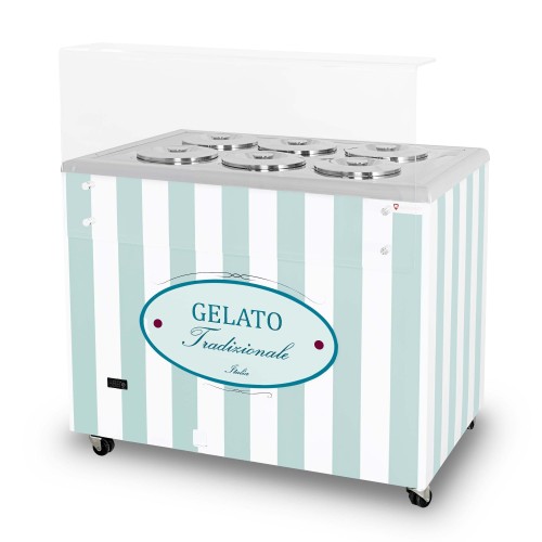Dystrybutor do lodów | witryna do lodów | konserwator | retro | 6 tub | okrągłe kuwety | 1063x670x895 mm | GELATO POZETTI 6 PASTEL BLUE – numer katalogowy RQ: GELATO POZETTI 6 PASTEL BLUE