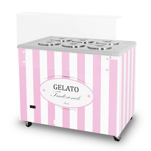 Dystrybutor do lodów | witryna do lodów | konserwator | retro | 6 tub | okrągłe kuwety | 1063x670x895 mm | GELATO POZETTI 6 PINK – numer katalogowy RQ: GELATO POZETTI 6 PINK