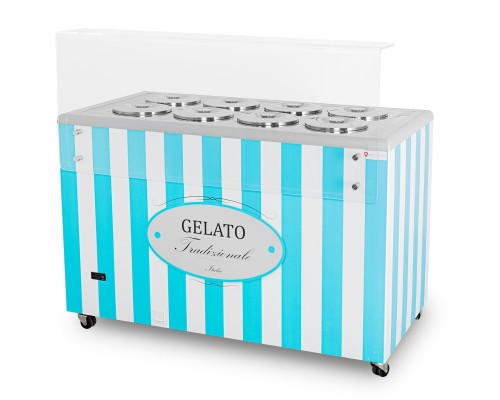 Dystrybutor do lodów | witryna do lodów | konserwator | retro | 8 tub | okrągłe kuwety | 1283x670x895 mm | GELATO POZETTI 8 BLUE – numer katalogowy RQ: GELATO POZETTI 8 BLUE