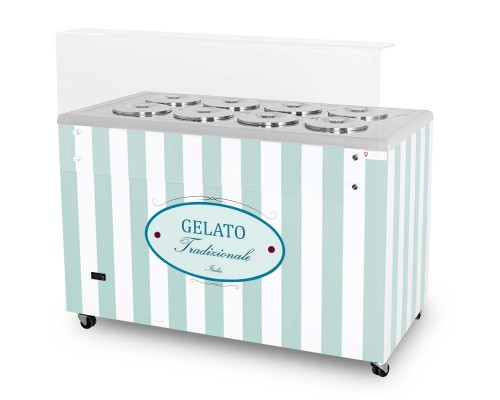 Dystrybutor do lodów | witryna do lodów | konserwator | retro | 8 tub | okrągłe kuwety | 1283x670x895 mm | GELATO POZETTI 8 PASTEL BLUE – numer katalogowy RQ: GELATO POZETTI 8 PASTEL BLUE