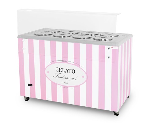 Dystrybutor do lodów | witryna do lodów | konserwator | retro | 8 tub | okrągłe kuwety | 1283x670x895 mm | GELATO POZETTI 8 PINK – numer katalogowy RQ: GELATO POZETTI 8 PINK